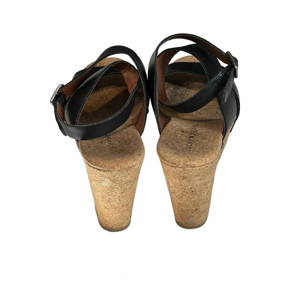 Lucky Brand Moran Cork Wedge Sandals Black Leather Studded Platform Size 8.5